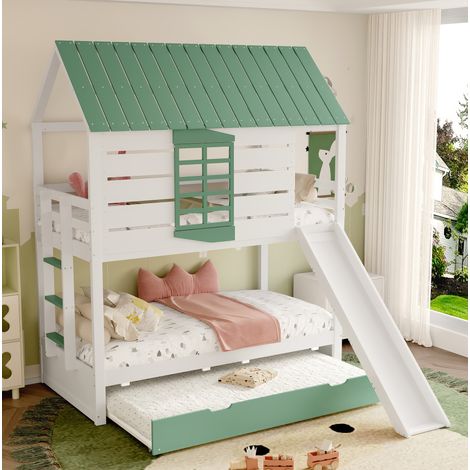 Letto a castello 90x200 cm bianco e verde in pino e MDF con scivolo e letto estraibile (1/5)