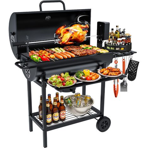 Barbecue charbon de bois avec couvercle xl, chariot à barbecue avec grille à poulet, surface de cuisson 70x35 cm, thermomètre intégré, tables latérales pliables, 112 x 64 x 97 cm