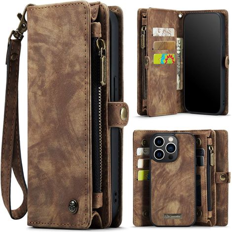 Portefeuille multifonctionnel 2 en 1 en cuir fendu marron, compatible avec le Samsung S20 FE, avec fermeture éclair.