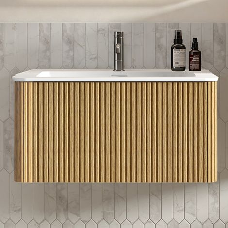 Mueble de baño de 80 cm con cajones de apertura por presión, diseño acanalado, premontado, MDF efecto roble blanco (1/5)