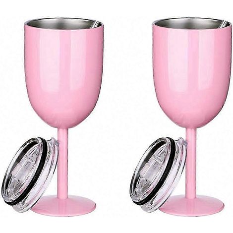 Lot de 2 verres à vin rose isothermes - Gobelets de voyage à double paroi en acier inoxydable avec couvercle étanche pour adultes (1/5)