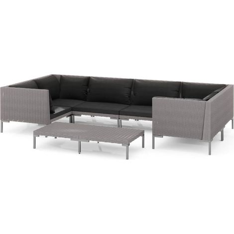 7 PCS conj. Garden Lounge con cojines de mimbre gris oscuro - 345464 (1/5)