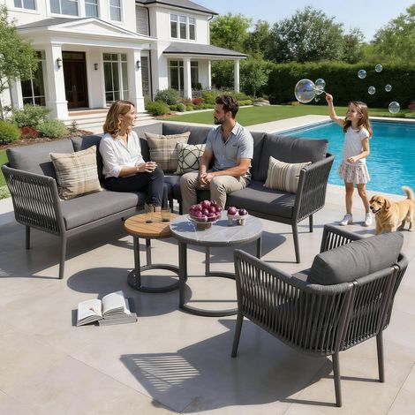 Ensemble de salon de jardin en corde pour 5 à 6 personnes,canapé d'angle modulable,grand canapé d'extérieur avec banc imperméable et coussins(Gris) (1/5)
