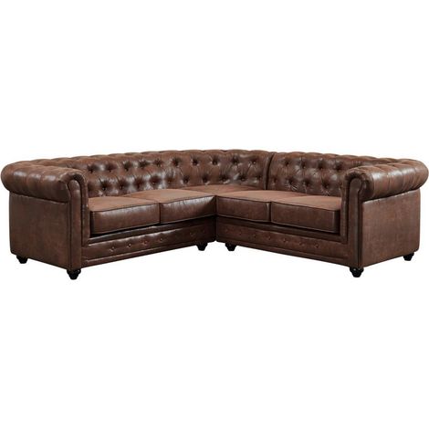 Vente-Unique – Canapé d'angle convertible 5 places – Microfibre aspect cuir vieilli – Design Chesterfield – Longueur 220 cm – Déhoussable