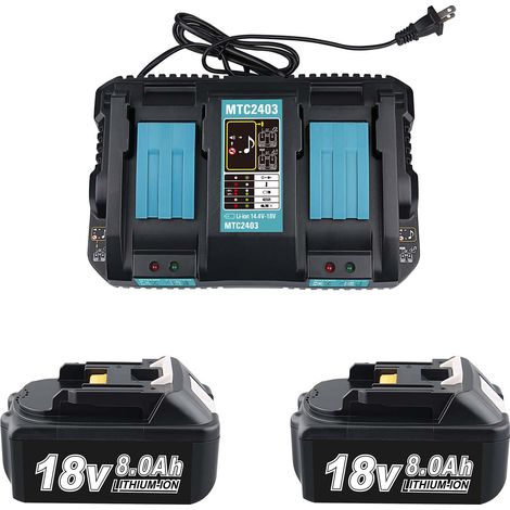 2X 18V 8.0Ah BL1860B batterie de rechange pour Makita avec indicateur de batterie LED + Dual Port 3A chargeur pour DC18RD Compatible pour BL1860B BL1860 BL1850B BL1850 BL1840B BL1830 batterie d'outils