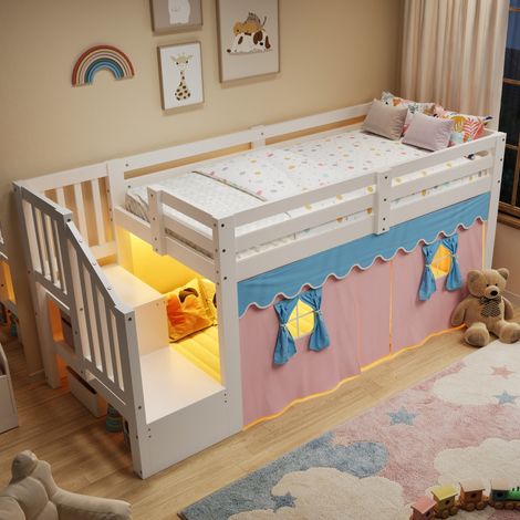 Letto mezza altezza bambini 90x200 cm bianco pino/MDF con tende LED senza materasso - CHICFURN (1/5)