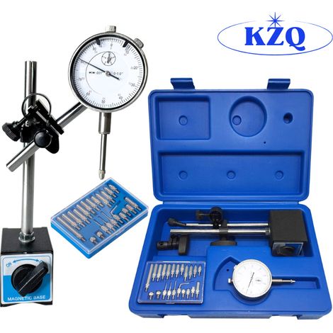 KZQ – Comparateur à cadran 0-10mm avec graduation 0,01mm – Base magnétique pour fixation stable – Précision professionnelle – Sac de transport inclus