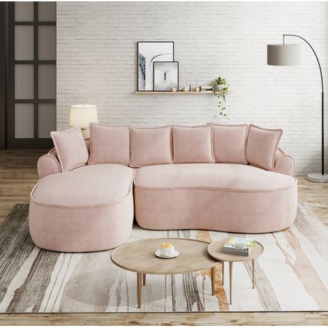 Divano modulare rosa in ciniglia con chaise longue, senza struttura e funzione letto (1/5)