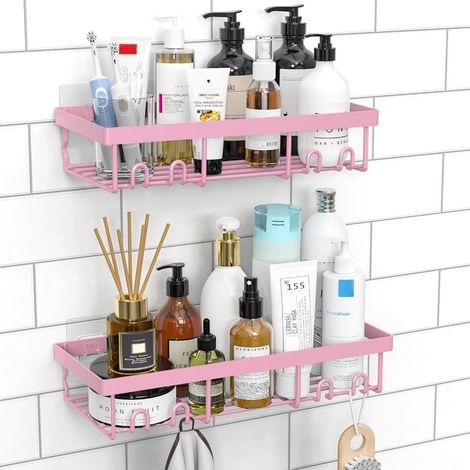 Organisateur de Plateau de Douche Caddy 2 Pack, Étagères de Douche Rose Sans Perçage, Accessoires de Rangement de Salle de Bain Autocollants (1/5)