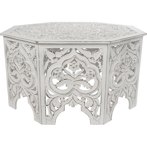 Table basse, table de salon en bois coloris blanc vieilli - longueur 84 x profondeur 84 x Hauteur 46 cm (1/4)