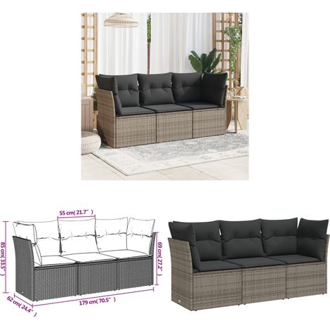 3-tlg. Garten-Sofagarnitur mit Kissen Grau Poly Rattan - Gartensorte - Esszimmergarnituren - Lounge Möbel - Outdoor Sofa - Gartenmöbel Set - Home & Living (1/3)