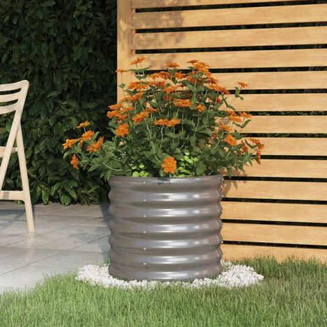 Jardinière extérieure ronde 40 x 36 cm en acier galvanisé gris, bac de culture métallique thermolaqué pour balcon, terrasse et jardin (1/4)