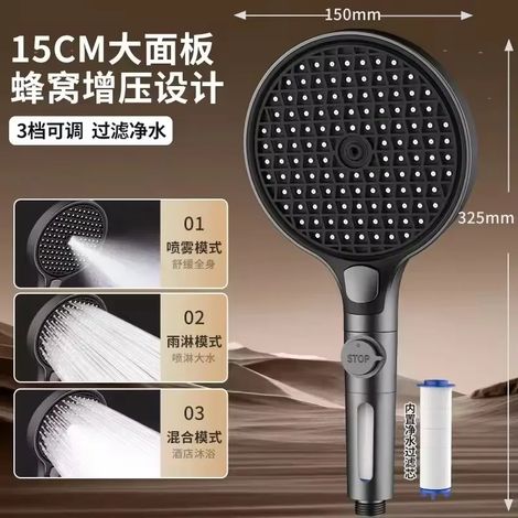 Pommeau de douche à grand panneau (Gris-c amélioré) 150 mm, 3 modes de pression, avec filtre, buse de jet réglable et fonction massage. Accessoire de salle de bain. (1/5)