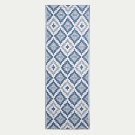 HOMESCAPES Outdoor Rug Runner Waterproof, Blue Mia Aztec, 75 x 200 cm