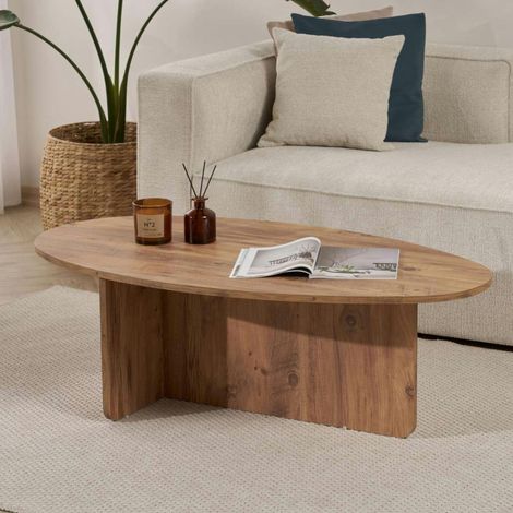 Table basse moderne ovale effet pin – pied en T MARFA (1/5)