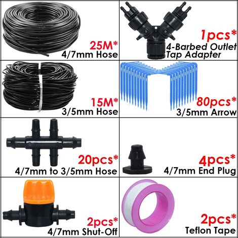 (SPL11-283B-25M) Kit d'irrigation goutte à goutte automatique avec coude vert pour tuyau de 4/7 à 3/5 mm, idéal pour les plantes en pot et les bonsaïs.