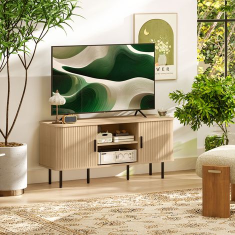 TV-Ständer mit 2 Schiebetüren und 2 offenen Regalfächern für 55-Zoll-Fernseher, 120 x 40 x 55 cm, Eiche