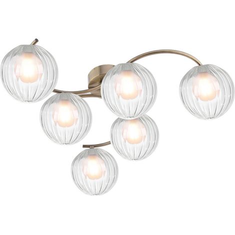 Dar Nakita Plafonnier semi-encastré Nakita à 6 lumières, finition laiton antique et verre clair/opale (1/2)