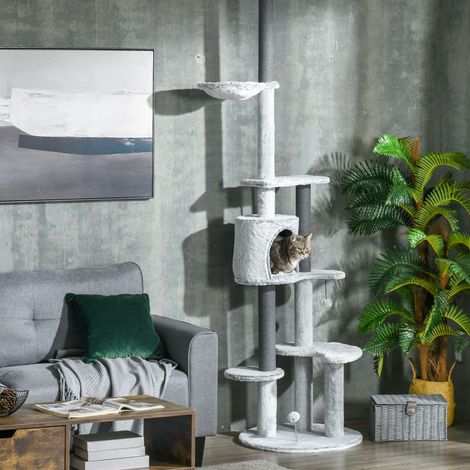 Árbol para gatos con tensor de techo, hamaca, casita, plataformas, pelota de juego, 225-255 cm, gris (1/5)