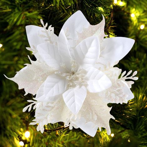 Weihnachtsstern künstliche Blumen 12 Stück, 14 cm glitzernde Deko für Weihnachtsbaum, Kränze, Girlanden, Hochzeit & Party (weiß)
