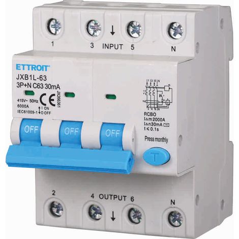 ETTROIT JX266361 Differenzialschutzschalter 3P+N 63A 30mA 380V-6KA – 4 Din-Module