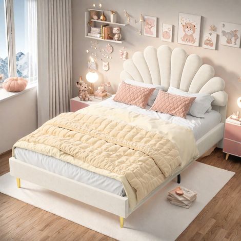 Lit Enfant 140x200, Lit Double Capitonné, Lit Princesse Fille avec Tête de Lits en Forme de Pétale, Cadre de Lit 2 Personnes avec Sommier à Lattes, Velours, Beige, sans Matelas