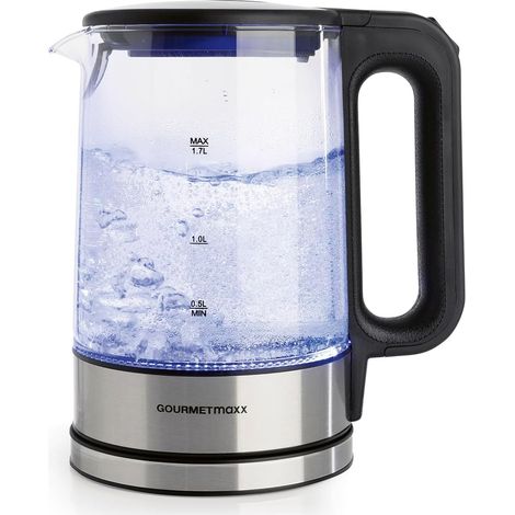 Bouilloire en verre au design intemporel en acier inoxydable avec éclairage LED bleu  Indicateur de niveau d'eau pratique, filtre anticalcaire, capacité de 1,7 litre (1/5)