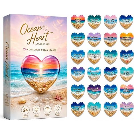 Adventskalender „Ozeanherz“ 2026 – 24-teilig – mehrfarbig – Acryl – 8 cm flache Anhänger – Strand- und Meeresherz-Design – Christbaumschmuck – geeignet für Weihnachten und als Dekoration im Innenberei (1/5)