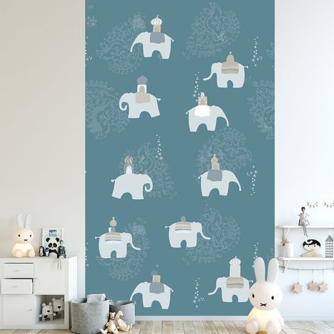 Papier peint intissé gris avec éléphants d'Asie et ornement traditionnel, fond bleu foncé, 250 cm X 150 cm. (1/2)