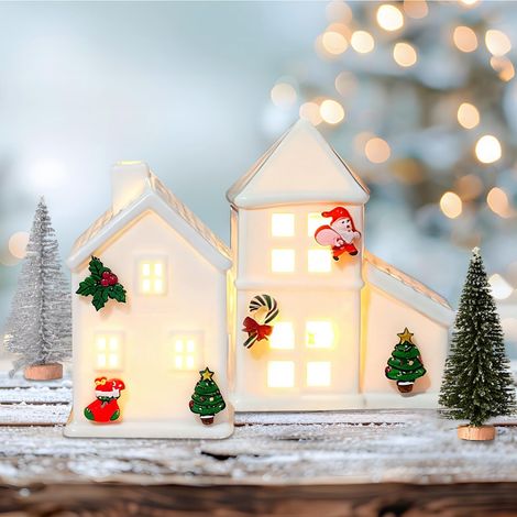 Casetta Natale Ceramica LED 12x10x7,5 cm Decorazione Bianca (1/5)