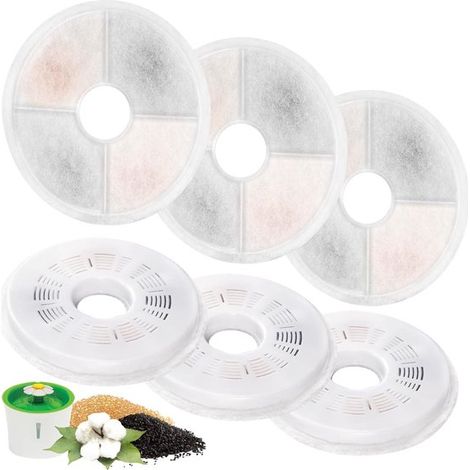 Filtres de rechange pour fontaines à eau pour animaux et lot de 6 éponges de préfiltration, rondes, 12,6 x 12,7 cm, universelles (1/5)
