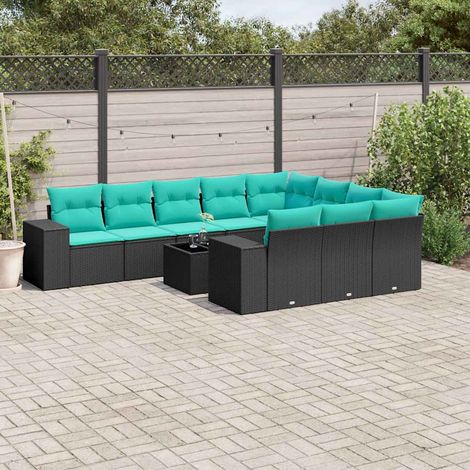 Salon de jardin modulable 11 pièces en résine tressée noire avec coussins bleus, 90.44kg - PANGIVO (1/5)