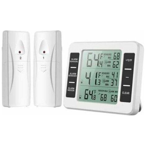 Thermomètre réfrigérateur sans fil avec 2 capteurs – Alarme MAX/MIN – Plage -40℃ à 60℃ – Grand écran LCD – Installation facile (1/5)