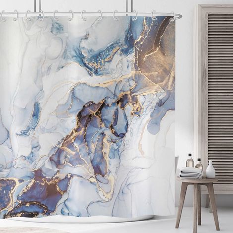 Rideau de Douche Marbre Bleu 180x200 cm, Moderne Abstrait Bleu Or Blanc Aspect Marbre Texture Tissu Lavable Textile Rideau Douche imperméable pour Baignoire avec 12 Crochets (1/5)