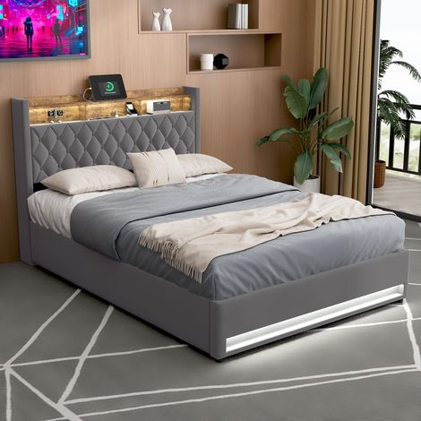 Lit coffre 160x200 cm avec tête de lit de rangement en MDF, LED et port USB de recharge, en velours néerlandais, gris foncé, sans matelas