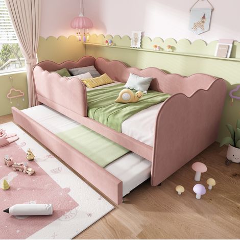 Lit banquette capitonné 90x190 cm avec lit gigogne, velours rose, forme nuage, sommier à lattes inclus (1/5)