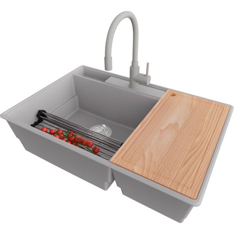 PRIMAGRAN Evier Cuisine en Granit 78x53cm,Lavabo 2 bacs + Robinet 38x14cm + Kit de Vidage + Accessoires, Évier à Encastrer au meuble 80cm - Paris, Gris (1/5)