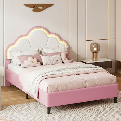 Letto Singolo Bambini/Ragazzi Principessa con Testiera Corona & LED - 90x200 cm - Rosa & Velluto Bianco