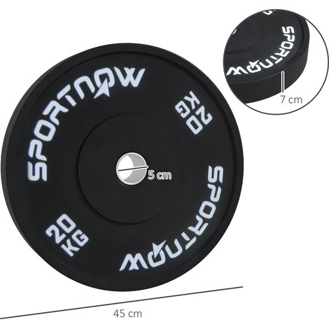 Ensemble de deux disques de musculation de 20 kg pour haltères et barres (avec supports de 5 cm de diamètre), noirs. (1/5)