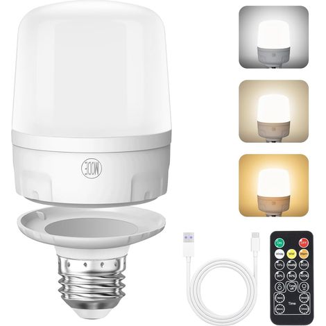 Ampoules rechargeables E27 avec télécommande, ampoule à piles 9W 2000 mAh, 4 réglages de minuterie pour lampes, tentes, placards, camping, ampoules à piles USB (1/5)