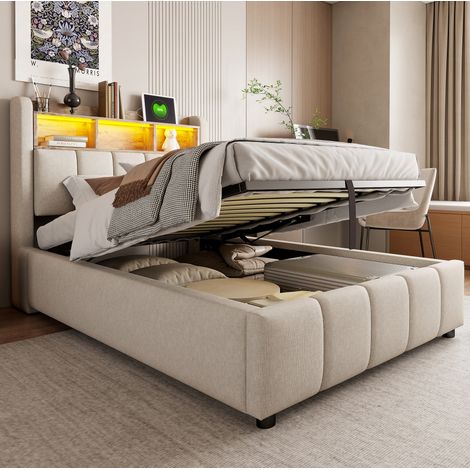 letto contenitore 90x200 con LED USB imbottito beige OKMYHOME (1/5)