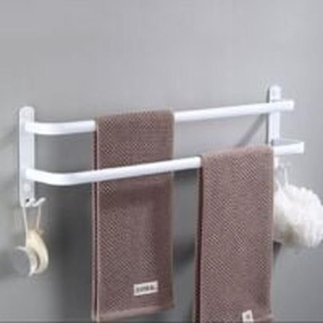 White 2-tier wall-mounted towel rack, 50 cm wide, made of aluminum with hooks for bathroom and kitchen (1/5)
