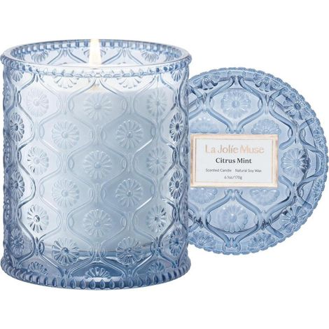 Bougie parfumée Citron Menthe 170g 40h, cire naturelle, diffusion arôme, cadeau femme homme (1/5)