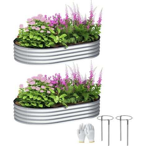 Set di 2 fioriere rialzate in acciaio zincato, kit per aiuola con bordo in gomma, 152 x 91 x 30 cm, argento