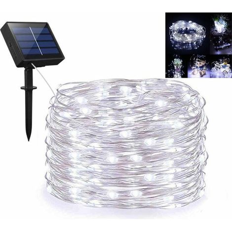 Guirlande solaire extérieure 100 LED, fil cuivre argenté 33 pieds, 8 modes, blanc froid, étanche – DELKEVIC