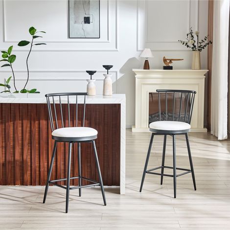 Tabouret de bar, Chaise haute pour îlot de cuisine et bar de style industriel vintage, En métal et tissu rembourré style Windsor hauteur 96cm, Blanc (1/5)