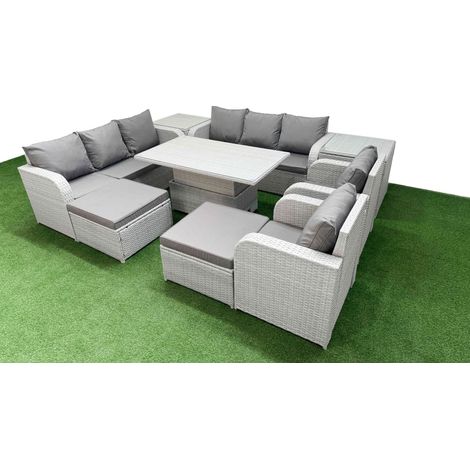 Fimous PE Rattan High Back Lounge Sofa Set Patio Adjustable Lifting Dining or Coffee Table & Chairs Set with 3 Seater Sofa Reclining Chair 2 Big Footstool 2 Side Table Light Grey (1/4)