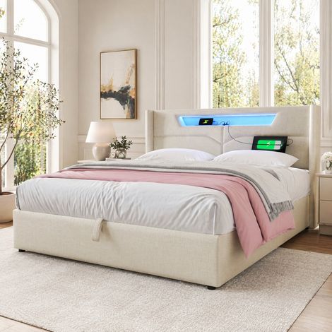 Cama con canapé 160x200 cm de lino beige con LED, USB-C y almacenaje, sin colchón - CHICFURN (1/5)