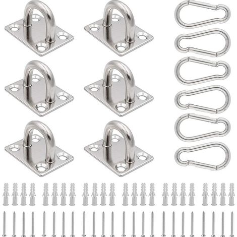 6 Pièces de Plaque Oeillet en Acier Inoxydable et 6 Pièces de Mousquetons, Plaques à Oeil en Forme de U, Platine Oeil Robuste avec Chevilles et Vis, Plaque œil pour Salon, Balcon, Salle de Bain(M8) (1/4)