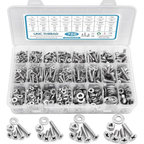 Kit assortimento dadi e bulloni da 720 pezzi, viti a macchina, SATANTECH 6-328-3210-241/4-20, set di viti in acciaio inossidabile, testa piatta Phillips, 16 dadi assortiti di dimensioni SAE, rondelle (1/5)